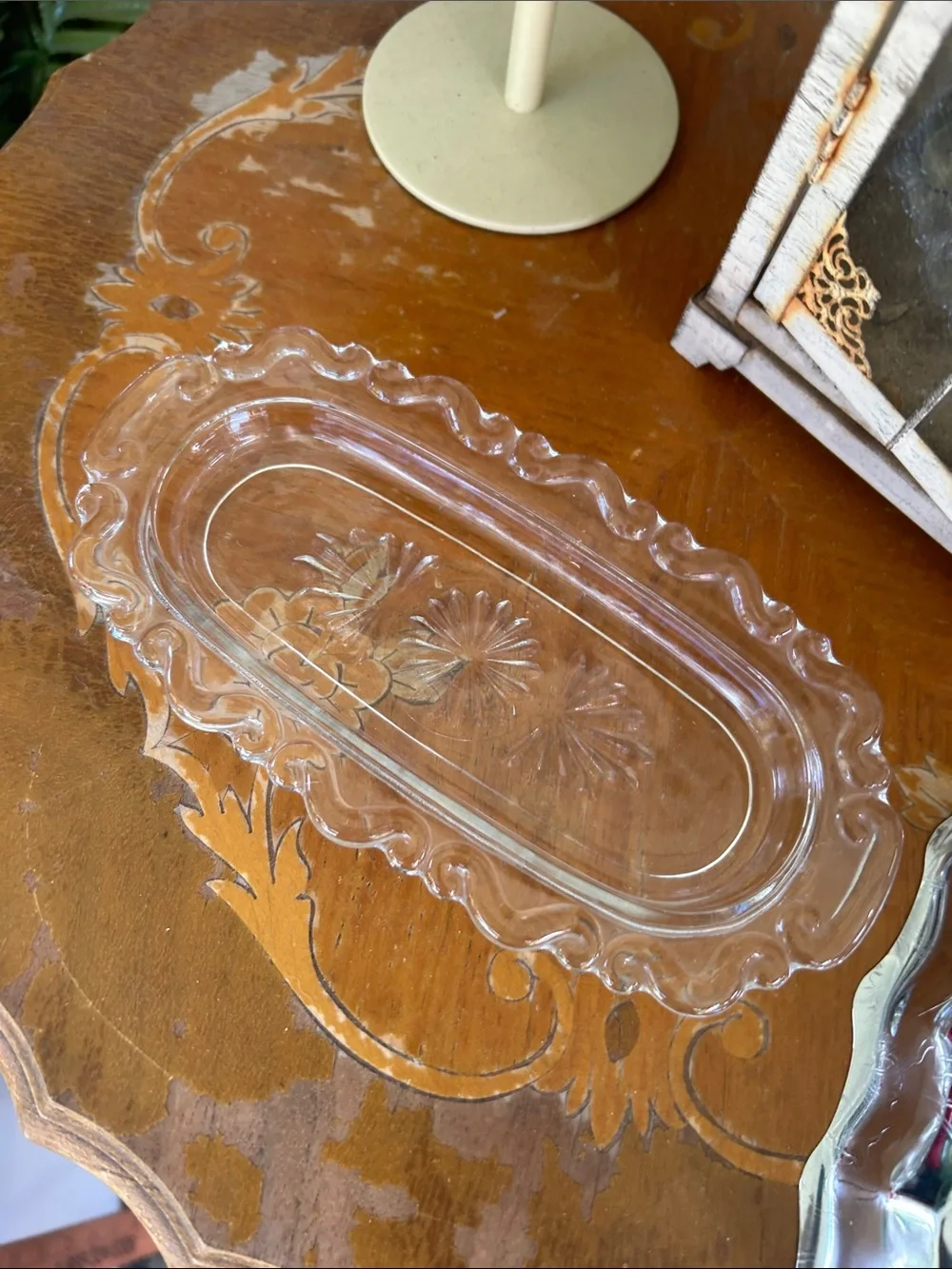 Vintage Silver Metal Covered Glass Butter Dish
